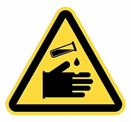 Lot de 12 panneaux adhésifs pour avertissement Risque de matières Corrosives de 7 cm autocollants triangle jaune signalisation dangereuse (7 cm, matières courrosives)