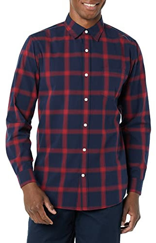 Amazon Essentials Men's Long-Sleeved Slim-Fit Stretch Poplin Shirt, Navy Red Buffalo Plaid, L