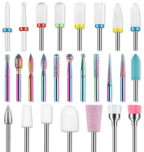 26pcs Nail Drill Bits Set, 3/32inch Professional Ceramic Safety Bits for Nail Drill, Diamond Cuticle Efile Nail Drill Bits, Remover Bits for Acrylic Gel Nail Tech Manicure Pedicure, Home Salon