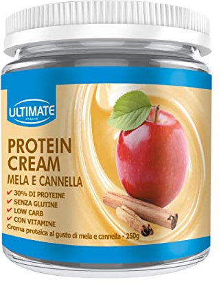 Ultimate Italia - Crema proteica al 30% spalmabile, senza zuccheri - 250g - gusto mela e cannella - poche calorie, senza glutine, con vitamine