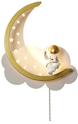 LED Kinderzimmer Wandleuchte Dimmbar Stern und Mond Kinderzimmerlampe Moderne Astronauten Akku Wandlampe Mit Schnurzugschalter Junge Mädchen Schlafzimmer Nachttischlampe (Connected to AC)