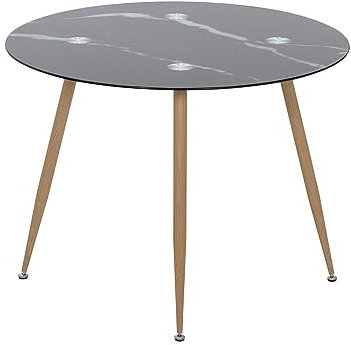 MOG CASA Mesa de Comedor Fija Redonda Corin | 100 x 100 x 75 cm | Ideal para Cocina o Salón | Ideal para 3 a 4 Personas | Tablero con Efecto Mármol Negro | Patas Metálicas en Imitación Madera