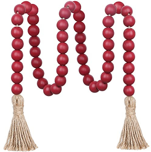 Meplait 39in Wood Bead Garland with Tassels, Farmhouse Rustic Decor Prayer Beads Boho Tassel Garland Wall Hanging Home Decor (Burgundy)
