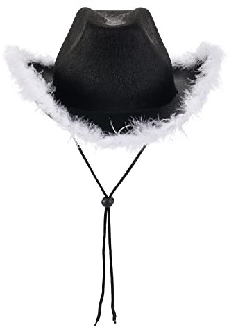DELIMALI Cowgirl-Hut, Cowboyhüte für Frauen, flauschige Federkrempe, Cowboyhut für Junggesellinnenabschied, Cosplay, Kostüm, Verkleidung, Party (schwarz-weiße Feder, 32 x 42 x 18 cm), Einheitsgröße
