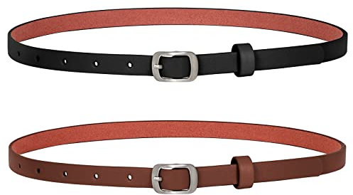 XZQTIVE 2 Stück Damen Skinny Ledergürtel Dünner Taillengürtel mit Silber Schnalle für Hosen Jeans Kleider