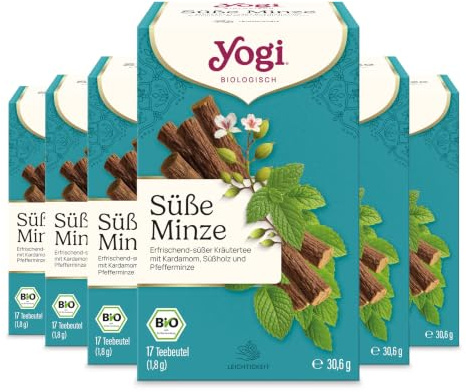 Yogi Süße Minze Lakritz Minze Tee, süß-frisch, 6x17 Beutel(102 Teebeutel) | Ayurvedischer Bio Gewürz- und Kräutertee, von Natur aus koffeinfrei, Mischung aus Kardamom, Süßholz und Pfefferminze, leicht