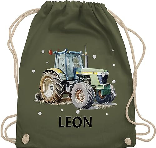 Turnbeutel Rucksack - Trecker Name I Trecker Fan I Traktor Geschenk personalisiert I Geschenk Landwirt - Unisize - Olivgrün - beutel für die kita kindergarten tasche junge traktor, leon turnsack