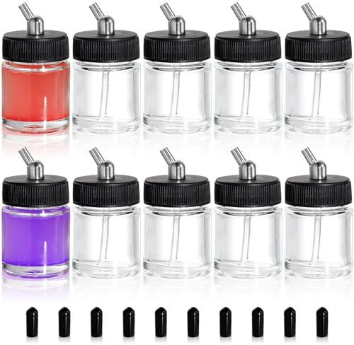 Goaste Airbrush-Flaschen-Set, 22 cc leere Airbrush-Gläser, transparenter Airbrush-Farbbehälter mit 10 Kappenabdeckungen, 30° nach unten abgewinkelter Adapterdeckel, passend für Airbrush-Siphon-Feed,