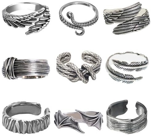 VELESAY 9Pcs Uomo Vintage Offene Ringe für Männer Engelsflügel Einstellbarer Ring Verstellbar Punk Gotico Biker Ring Set