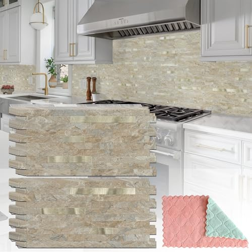 StyloVue 20 Blatt Abziehen und Aufkleben Backsplash für Küche, Sandstein mit Metall-Gold-Optik, zum Aufkleben auf Fliesen, Upgrade Ihrer Küche, Wohnmobil, Kamin