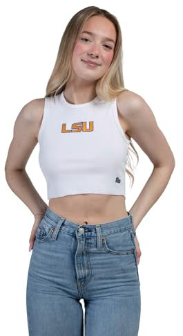 Hype & Vice Damen Cropped Ribbed Cut-Off Tank College Game Day Shirt, Louisiana State University, Weiß, X-Groß