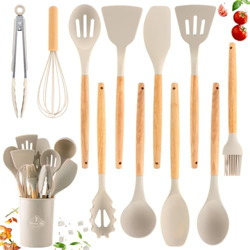 Set di 12 Utensili Cucina In Silicone Con Porta Utensili, Antiaderente Con Manico In Legno, Pentole e Attrezzi da Cucina