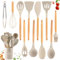 Set di 12 Utensili Cucina In Silicone Con Porta Utensili, Antiaderente Con Manico In Legno, Pentole e Attrezzi da Cucina