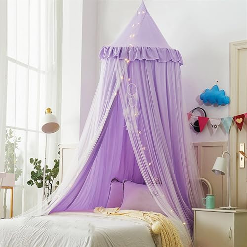HUOQOU Betthimmel für Mädchen Doppelschicht Prinzessin Runder Kuppel Kinder Träumendes Moskitonetz Bettwäsche Mädchenzimmer Schloss Spielzelt Hängendes Haus Dekor Leseecke Baldachine(Lila/Weiß)