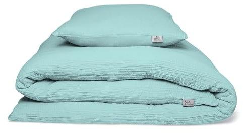 hutch&putch Eliane Premium Musselin-Bettwäsche mit Kissenbezug - Sky Blue - Bettwäsche-Set 100% Bio-Baumwolle - Deckenbezug, Kissenbezug weich & atmungsaktiv (155x220 mit Kissen 80x80 cm)