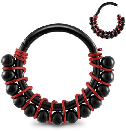Longbeauty 16G Knorpel Septum Helix Nasenring Edelstahl Klicker Segmentring Nasenpiercing, Nahtlose Ohr Piercing, Tragus Ohrringe Körperschmuck, 8mm Innendurchmesser, C: Rot/Schwarzer Stein