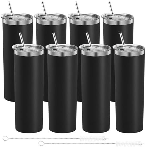 ASMIZ 8 Pack 20 oz Stainless Steel Skinny Tumbler Black Insulated Slim Thin Travel Cup, DIY Double Walled Vacuum Insulated Mug with Metal Straws, Individually Boxed