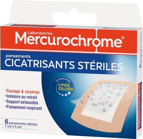 MERCUROCHROME - Pansements Cicatrisants Stériles - Soulage et Cicatrice - Indolore au retrait - Support extensible - Pansement Respirant - x6-7cm x 5cm - Technologie Lipido Colloïde