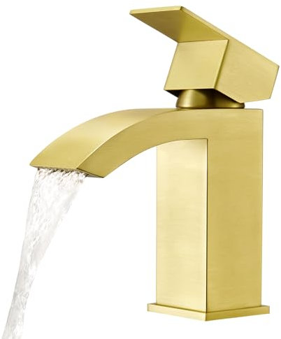 CREA Wasserfall Wasserhahn Bad,Waschtischarmatur Chrom mit Keramikventil, Mischbatterie Waschbecken mit Kaltes & Heißes Wasser,Einhandmischer Waschbeckenarmatur,Gebürstetes Gold