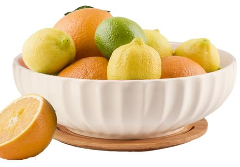 Opeikla Keramik-Obstschale für Zuhause, Küche, Dekoration, 25,4 cm, großer Obstkorb mit multifunktionaler abnehmbarer Bambusplatte, dekorative Obstaufbewahrung für Tischarbeitsplatte, Obst- und