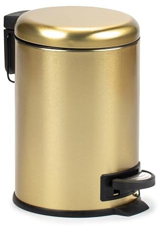 TATAY Bathroom Trash Bin with Stainless Steel Pedal, 3L Capacity, Removable Inner Case, Cushioned Drop Closure, BPA Free, Gold. Measures 17,5 x 22,5 x 25 cm.