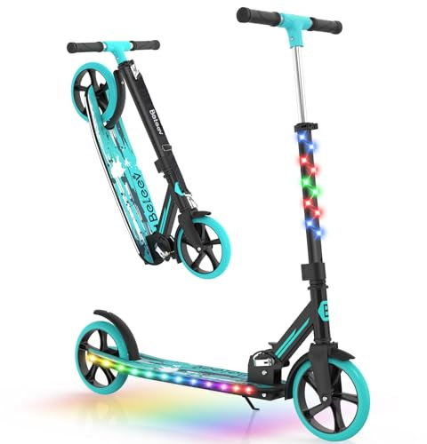 BELEEV V9 Big Wheel Scooter mit LED Leuchtet Lenker & Deck, Roller Kinder 6 Jahre mit Höhenverstellbar, ABEC-9, 200mm Räder, Tragegurt, Faltbare Cityroller Jugendliche & Erwachsene (Cyan)