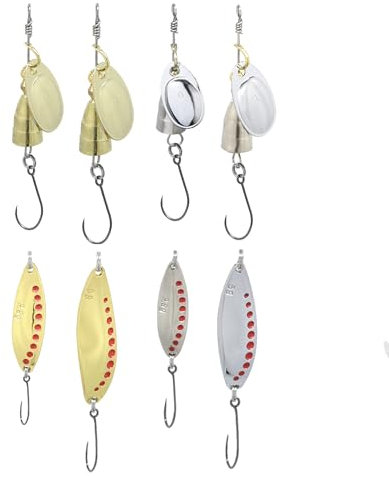 RIGGED & READY TRAVEL FISHING - Small Fish Rig Premium Spinners and Spoons - 8pcs Barbless Fishing Lures Set – 4 Spinners, 100% Barbless - Classic Designs (Small - 8 Piece)