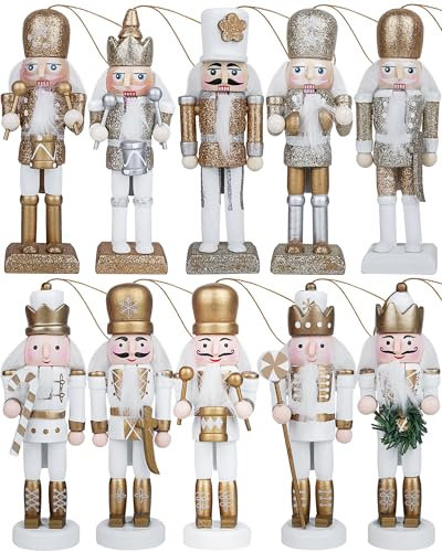 10Pcs Nutcracker Christmas Decor Nutcracker Ornaments for Christmas Tree Wooden Nutcracker Hanging Decorations Gold and Silver Nutcracker Soldiers Glittered Nutcracker Figures 5.2” Xmas Ornament Set