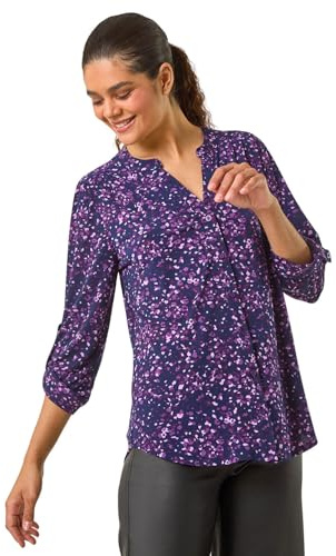 Roman Originals Shirt Top for Women UK Ladies Collarless Blouse Smart Tunic Button Through Longline Asymmetric Hem 3/4 Length Roll Up Sleeves V Neck Going Out - Purple Multi - Size 10