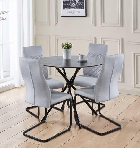 Hallowood Furniture Cullompton Small Round Dining Table and Chair Set 4 | Black Wooden Effect Top Kitchen Table and Chairs with Cantilever Design in Light Grey Fabric, Compact Modern Dining Room Sets