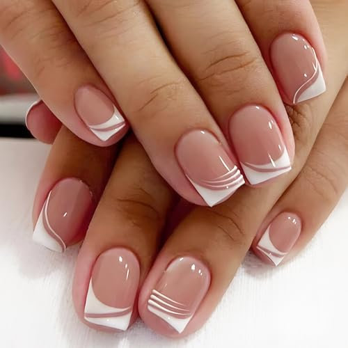 Square False Nails with Glue - 24Pcs French False Nails Short - Elegant White Edge French Fake Nails - Square Press on Nails Pattern - Stick on Nails for Women Girls Nails Art