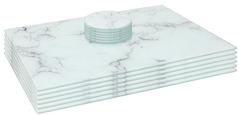Harbour Housewares Rectangle Glass Placemats & Round Coasters Set - 40cm x 30cm - Marble - 12pc Heat-Resistant Non-Slip Rectangle Home Kitchen Dining Table Dinner Plate Place Mat Mats Set