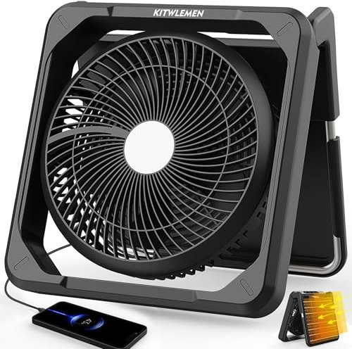 KITWLEMEN 12 Inch Solar Camping Fan with Light- Rechargeable Battery Fan, 10W Detachable Solar Panel, 3 Speed, 6H Timer,60° Pivot Strong Airflow for Camping Fishing RV Trips Hurricane Power Outage