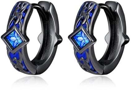 Black Celtic Hoop Earrings Sterling Silver Blue Viking Hoop Huggie Earrings Viking Jewelry Gift for Men