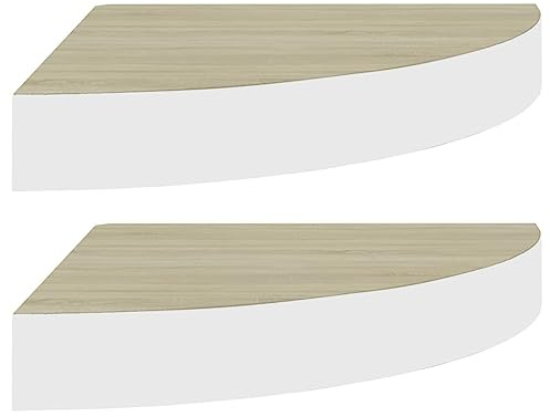 HEFZGDB Eck-Wandregal 2 STK. Eiche und Weiß 25x25x3,8 cm MDF Wandregal Klein Kleines Regal Wand Cd Regal Regalböden für Schlafzimmer Wohnbereich Badezimmer Küche
