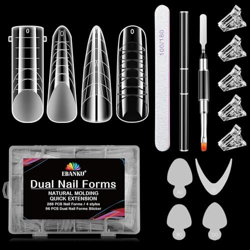 EBANKU 288PCS Clear Dual Nail Forms System Full Cover Nail Mold Tips Acrylic Nail Extension with 96PCS Nail Forms Stickers Clips Gel Brush Pe File for Nail Art Salon (4 Styles)