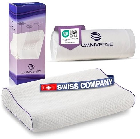 Omniverse, weiches Nackenstützkissen gegen Nackenschmerzen, Seitenschläferkissen, Rückenschläferkissen, Anti Schnarch Kissen, Memory Foam Kissen, ergonomisches Kopfkissen, 60x43x11/9 cm, weiß