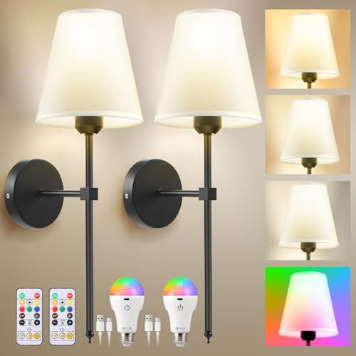 Battery Operated Wall Sconces Set of 2, Rechargeable Wall Lights with 6 Colors RGB Dimmable Detachable LED Bulbs and Remote, Wireless Wall Lamp for Bedroom Living Room Hallway Decor, Not Hardwired