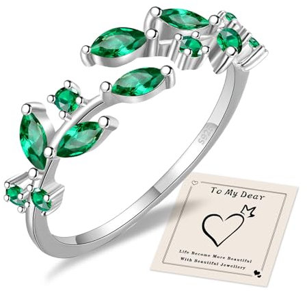 HEEYA Ring Sterling Silber 925 Ringe für Damen Blatt Zweig Ring mit 5A Grün Zirkonia Offen Verstellbare Fingerring Hypoallergen Daumenringe Unisex Schmuck mit Geschenkbox