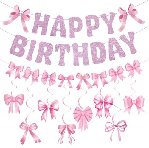 Geburtstag Deko Rosa Schleife, Happy Birthday Girlande Rosa,Wirbel Dekorationen,Geburtstagsdeko Frauen für Thematische Partys