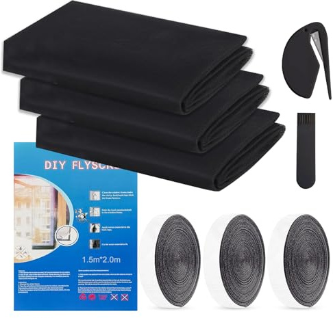 Moustiquaire Fenetre Sans Percage, Filet Anti-Insectes avec Bande Auto-Agrippante, Moustiquaire Adhésive pour Fenêtre, Moustiquaire Recoupable, Anti Mouche Moustiques (Noir, 150 x 200 cm | 3 Pièces)