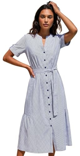 Roman Originals Stripe Tie Waist Midi Dress for Women UK - Ladies Everyday Holiday Spring Summer V-Neckline Comfy Soft Evening Vacation Work Party - Blue - Size 20