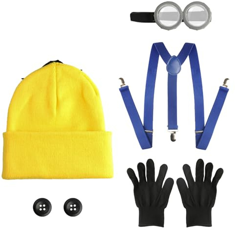 7 Set Halloween Kostüm Herren Damen Kinder, Cosplay Kostüme Halloween Mütze, Brille, Handschuhe, blaue Riemen & 2 Knöpfe, Gelbes Kostüm Set Zubehör für Cosplay Party Karneval Kostüme Erwachsene