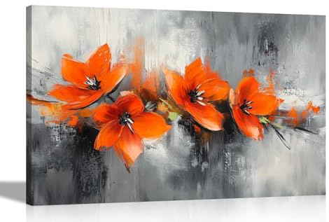 Artley Prints - Abstract Orange Flowers Art Print Framed Canvas Pictures For Living Room, Bedroom, Hallway Prints Hanging Decoration Extra Large 101 x 76cm (40 x 30 inches)