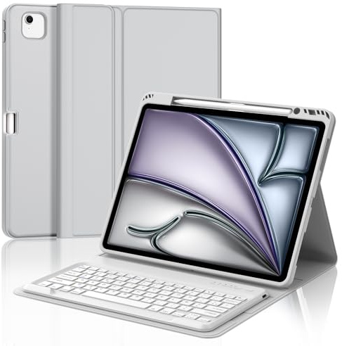 Coque Clavier pour iPad Air 13 Pouces (M4 2026, M3 2025, M2 2024) et iPad Pro 12.9 Pouces(6e/5e/4e/3e Gén), AZERTY Français Housse Clavier Bluetooth Magnétique Détachable avec Porte Crayon, Gris Clair
