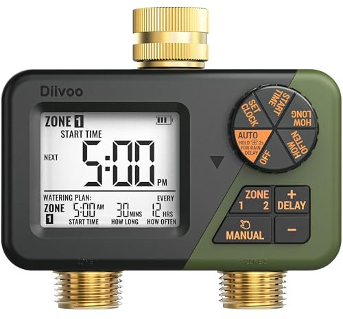 Diivoo 2 Zone Water Timer for Garden Hose, Programmable Sprinkler Hose Timer with Brass Inlet & Outlet, IP67 Waterproof, Rain Delay & Manual Mode for Irrigation, Lawn, Yard