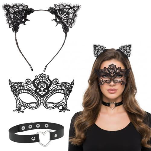 DvBCNMe 3 Stück Catwoman Maske, Maskenball, Catwoman Maske für Karneval, Augenmaske für Frau, Katzenohren Haarreif, sexy und bequem