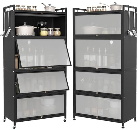COSTWAY Meuble Cuisine Rangement 5 Niveaux, Etagere Rangement en Fer, Portes Battantes, Panneau Perforé, 10 Crochets, Armoire Cuisine à Roulette, Support Micro-Ondes (80 x 40 x 162 cm,Noir)