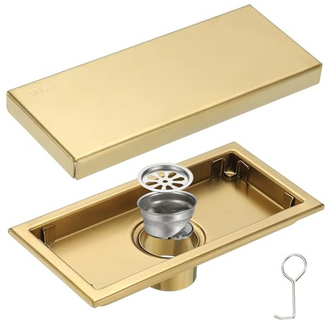 QUARKZMAN Rechteckiger Duschablauf Gebürsteter 304 Edelstahl Geruchsverschluss Bodenablauf Linearer Duschablauf Haarfänger Für Badezimmer Küche Und Waschküche (8 Zoll Gold)