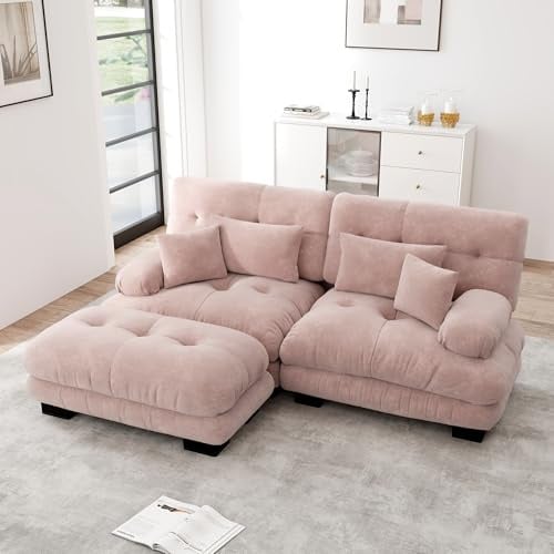Canapé d'angle moderne de 220 cm, grand canapé convertible 2 places en L avec pouf pour salon, canapé d'angle modulable profond avec structure en bois massif, revêtement en tissu chenille, Rose